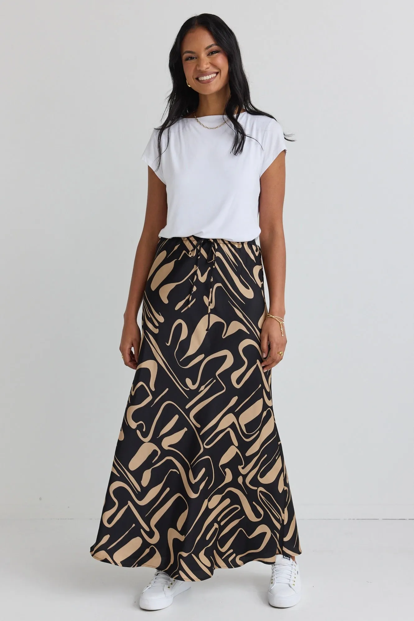 Sharp Black Caramel Abstract Tie Waist Bias Satin Maxi Skirt