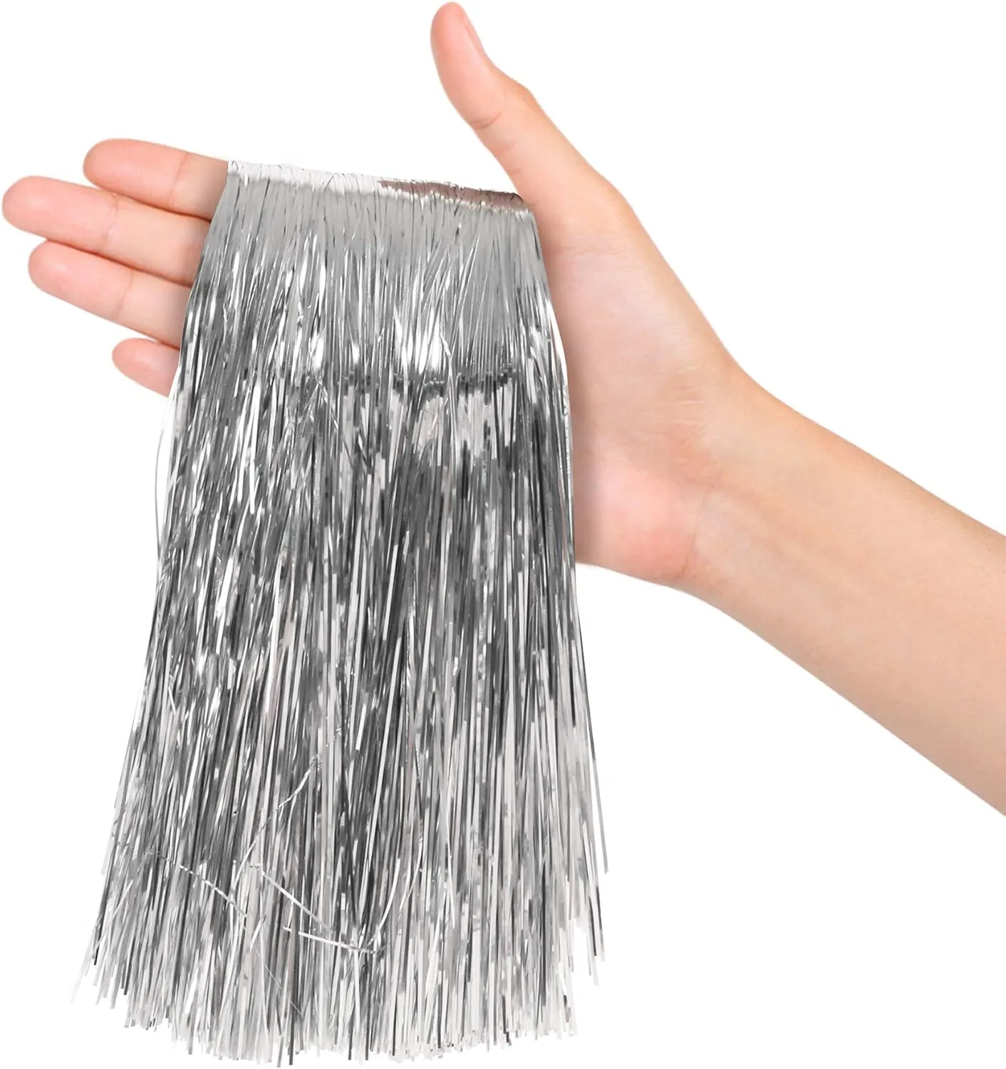 Silver Tinsel Strands Metallic Icicle Streamers for Holiday Christmas Tree and Party Decorations