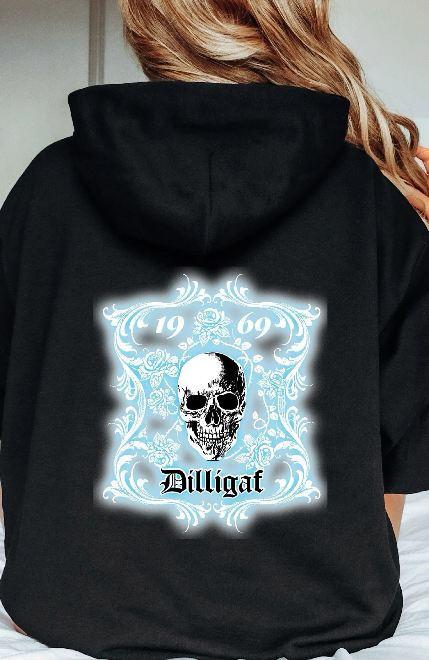 Smokey Blue Rose Skull Pullover Hoodie