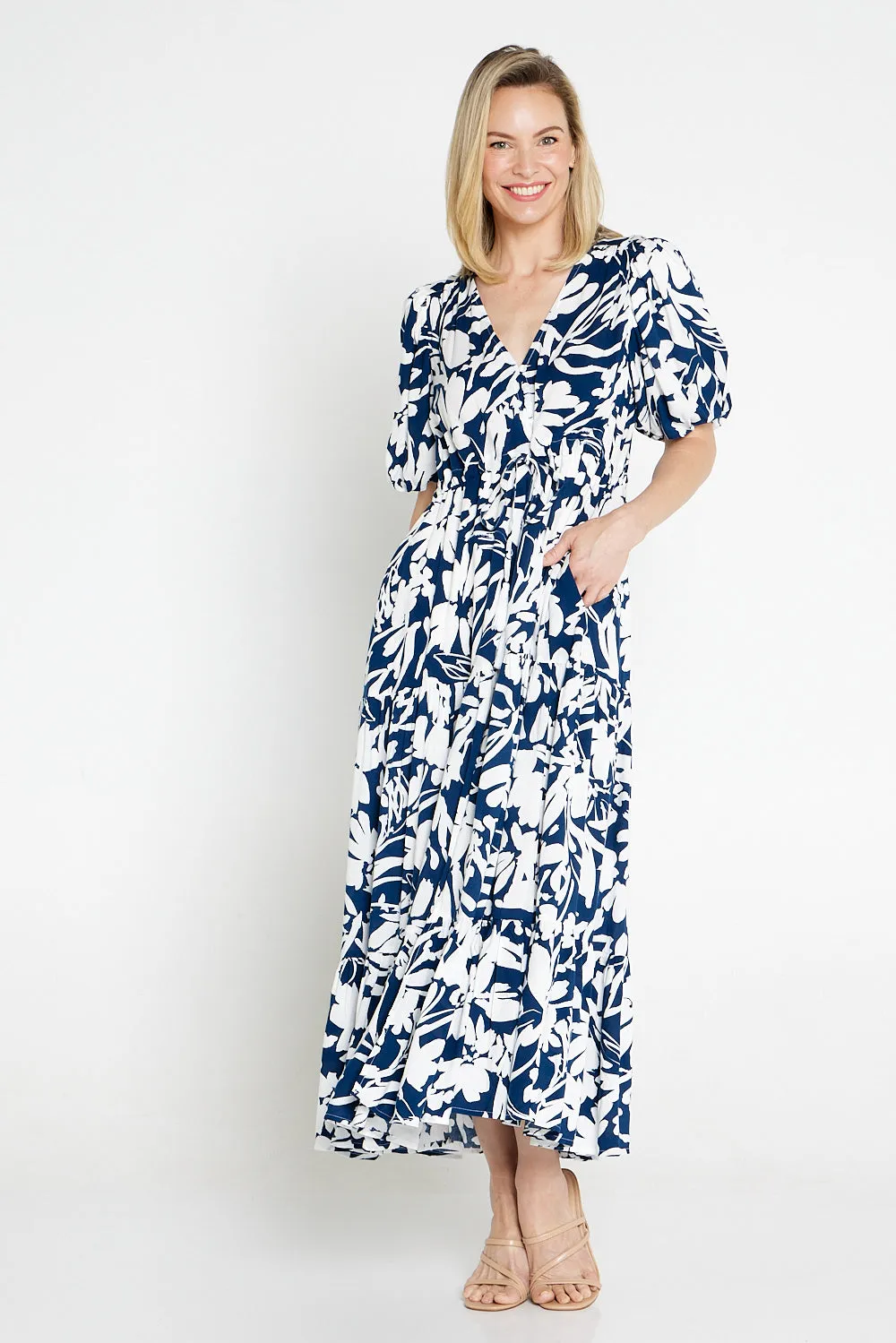 Soraya Puff Sleeve Dress - Navy/White Floral