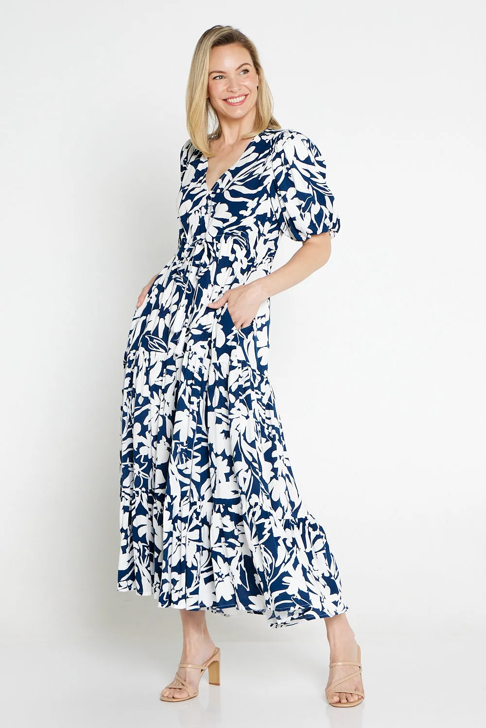 Soraya Puff Sleeve Dress - Navy/White Floral