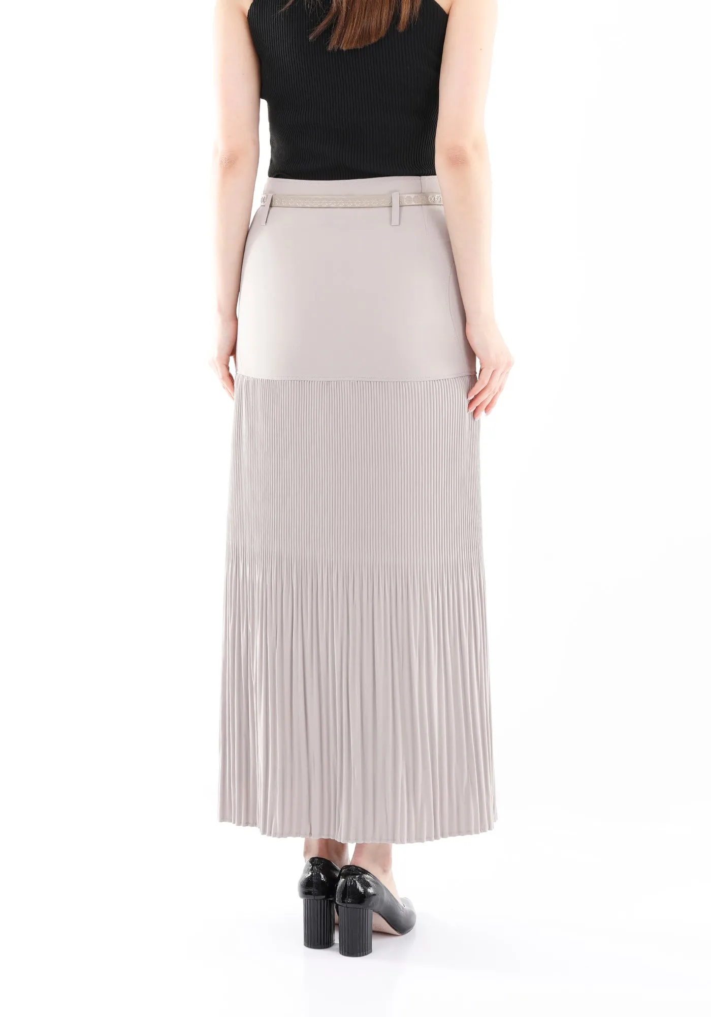 Stone Thin Pleated Maxi Skirt with Floral Belt