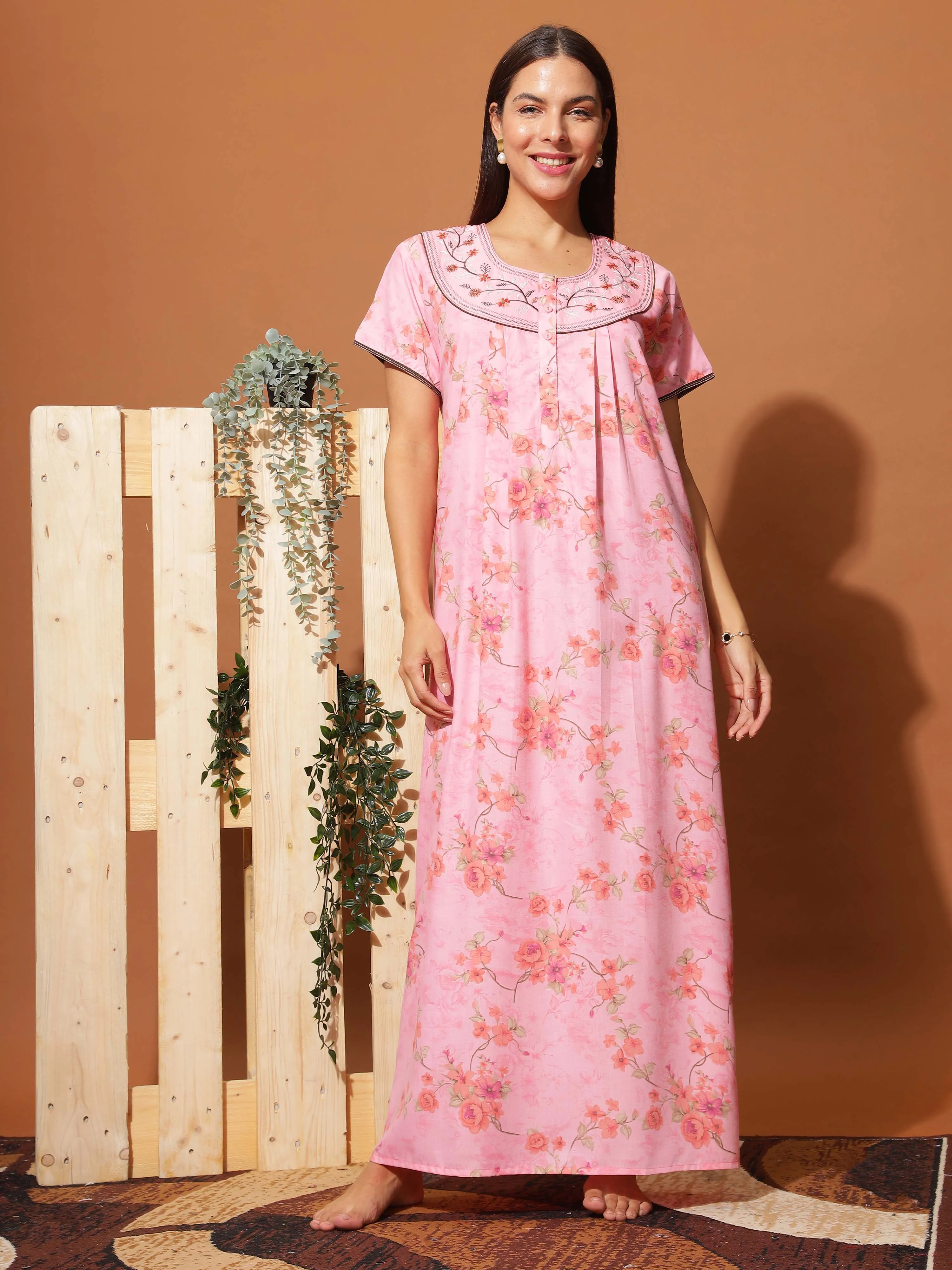 Stylish Neon Pink Floral Maxi Nightgown with Intricate Neck Embroidery