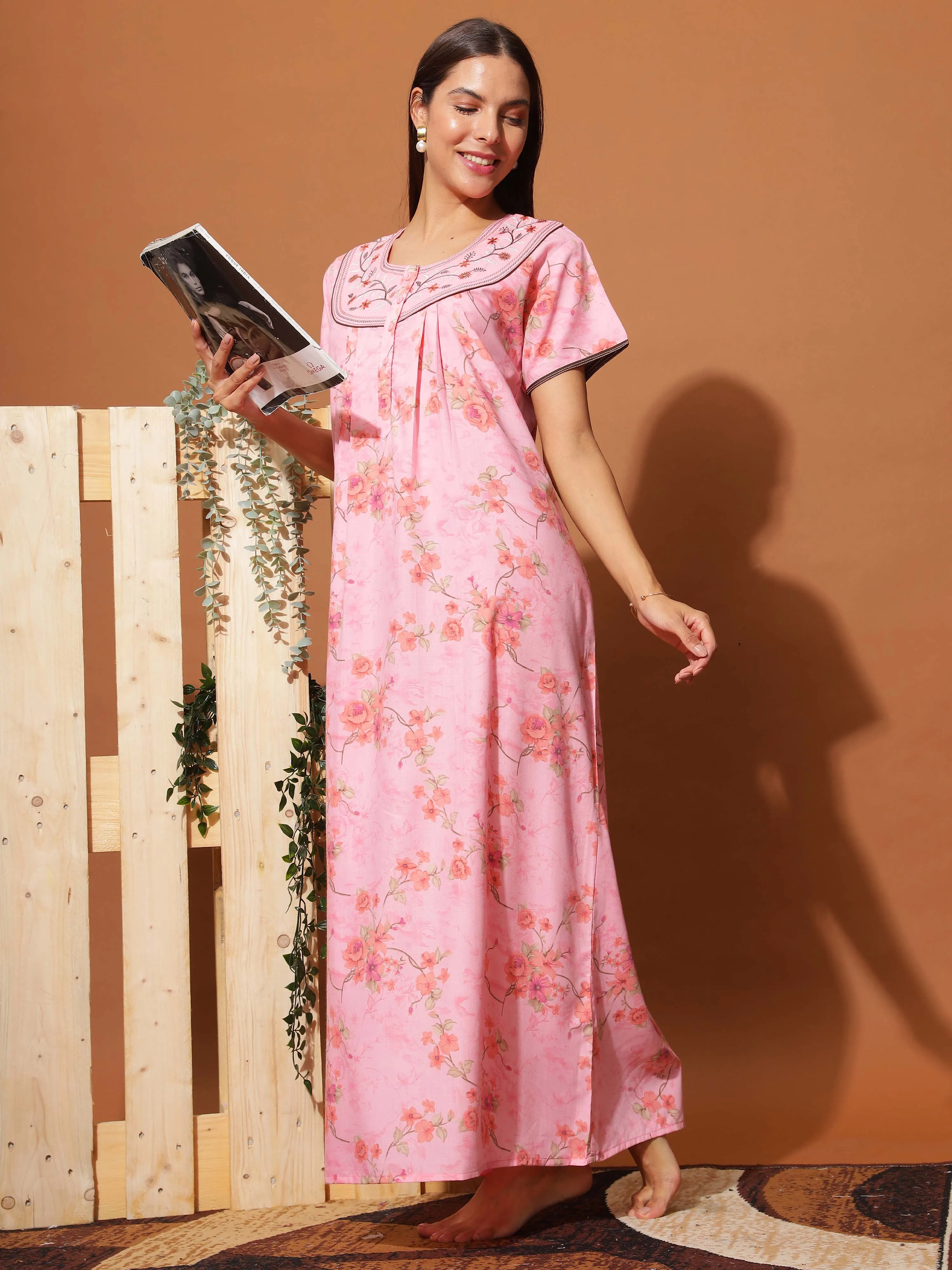 Stylish Neon Pink Floral Maxi Nightgown with Intricate Neck Embroidery