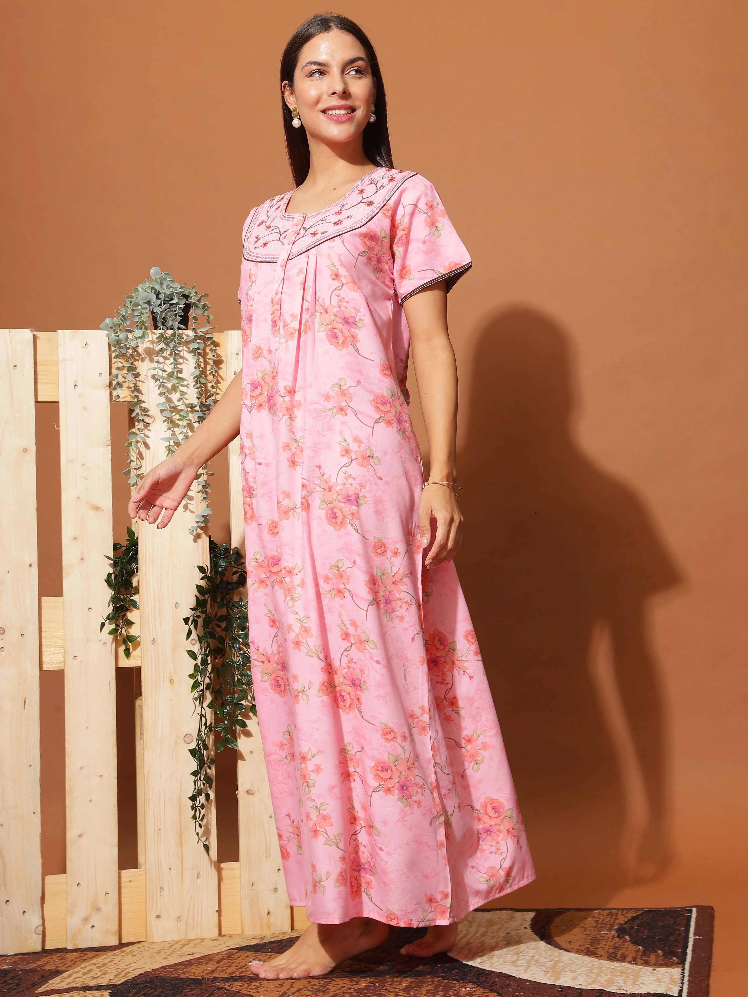 Stylish Neon Pink Floral Maxi Nightgown with Intricate Neck Embroidery