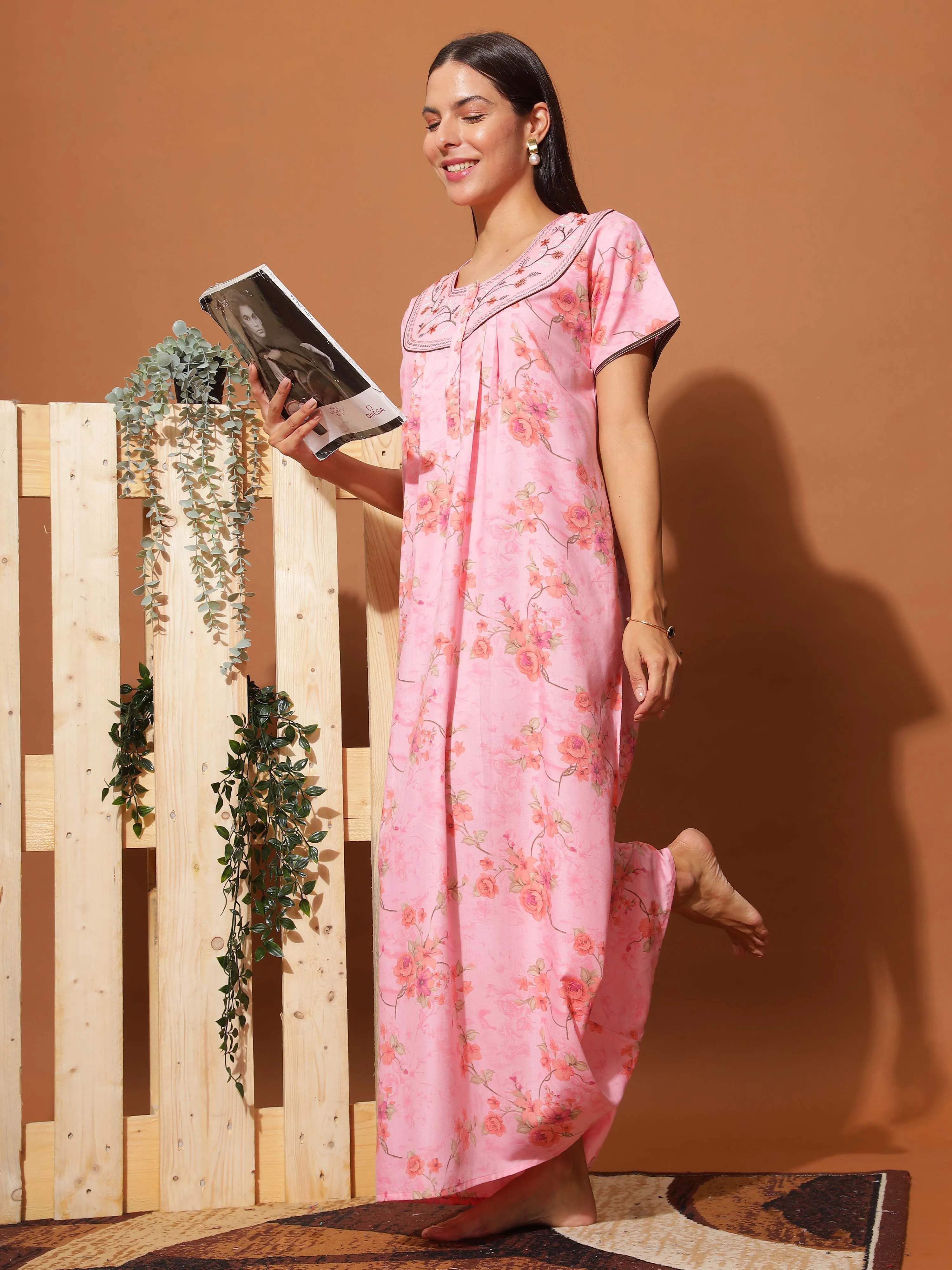 Stylish Neon Pink Floral Maxi Nightgown with Intricate Neck Embroidery