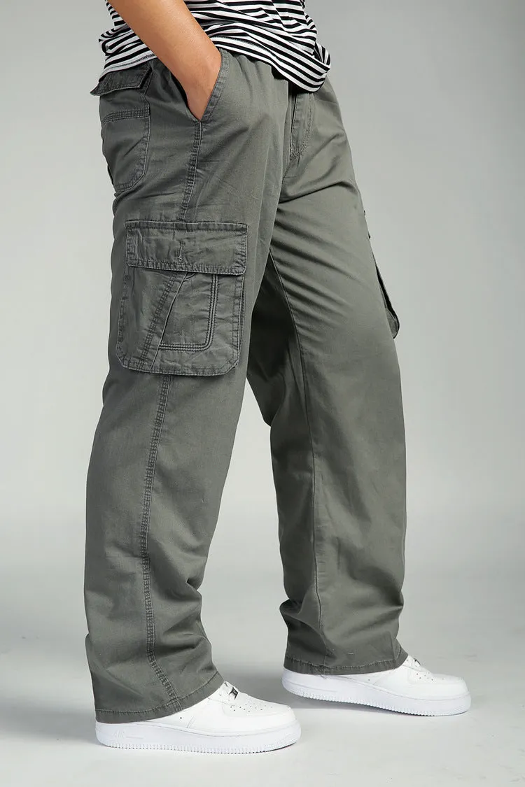 Summer Men Elastic Waist Multi-Pocket Long Baggy Straight Cargo Jogger Trousers