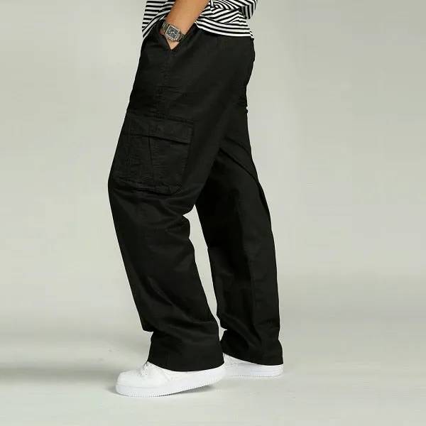 Summer Men Elastic Waist Multi-Pocket Long Baggy Straight Cargo Jogger Trousers