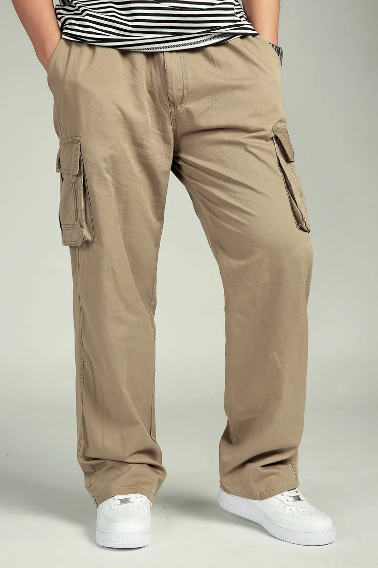 Summer Men Elastic Waist Multi-Pocket Long Baggy Straight Cargo Jogger Trousers