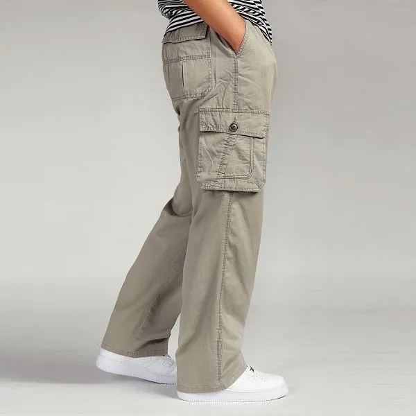 Summer Men Elastic Waist Multi-Pocket Long Baggy Straight Cargo Jogger Trousers