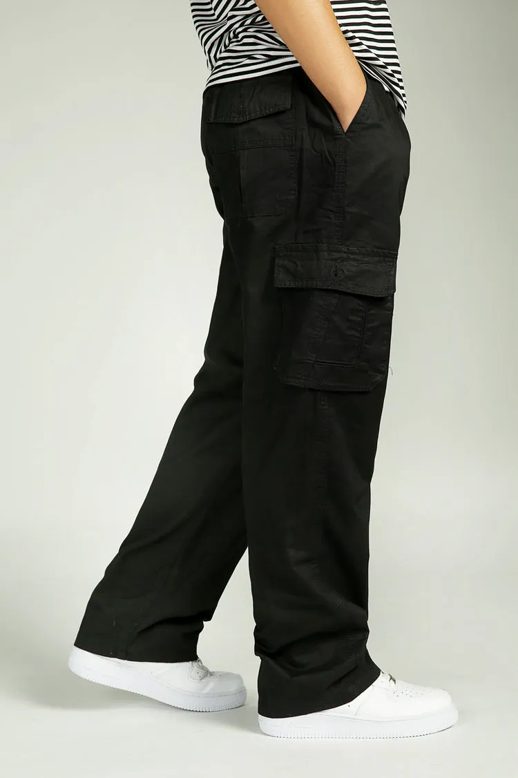 Summer Men Elastic Waist Multi-Pocket Long Baggy Straight Cargo Jogger Trousers