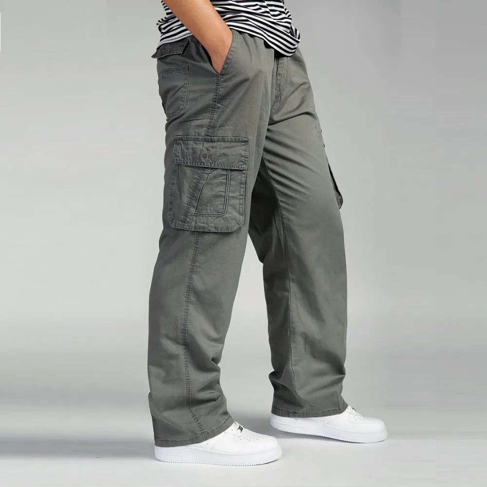 Summer Men Elastic Waist Multi-Pocket Long Baggy Straight Cargo Jogger Trousers