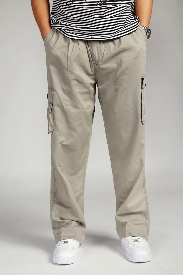 Summer Men Elastic Waist Multi-Pocket Long Baggy Straight Cargo Jogger Trousers