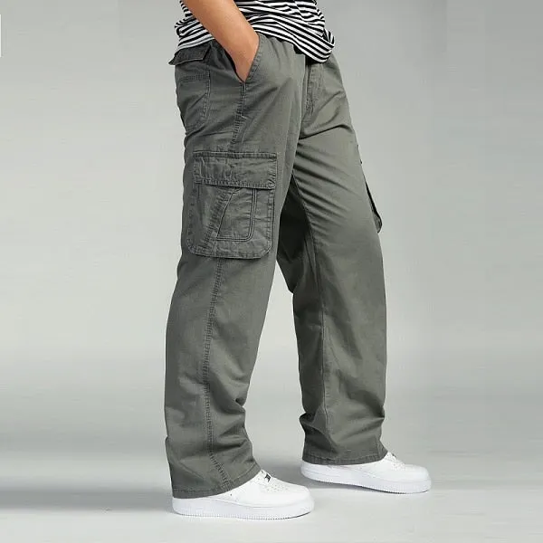 Summer Men Elastic Waist Multi-Pocket Long Baggy Straight Cargo Jogger Trousers