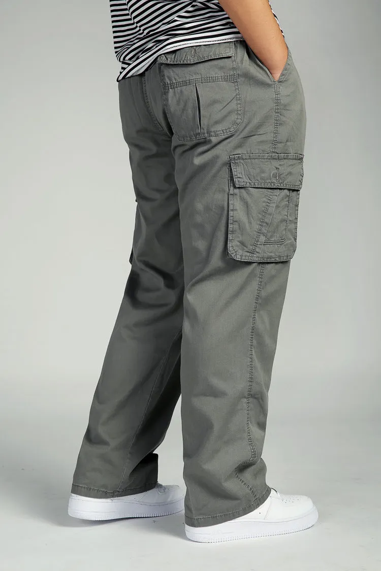 Summer Men Elastic Waist Multi-Pocket Long Baggy Straight Cargo Jogger Trousers