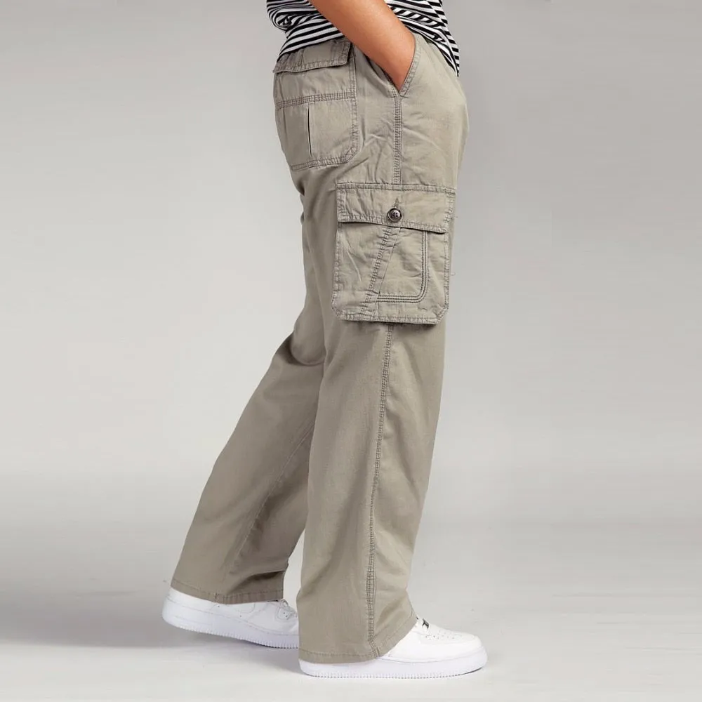 Summer Men Elastic Waist Multi-Pocket Long Baggy Straight Cargo Jogger Trousers