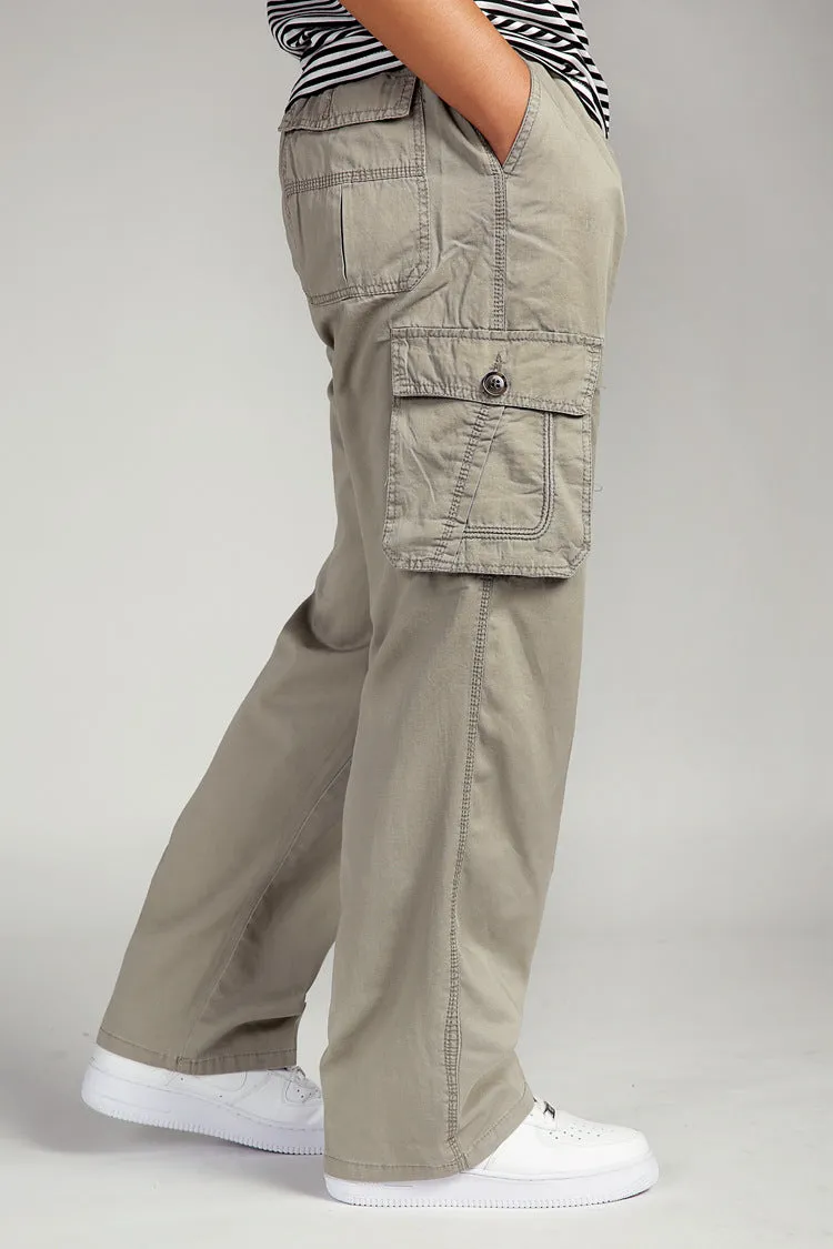 Summer Men Elastic Waist Multi-Pocket Long Baggy Straight Cargo Jogger Trousers