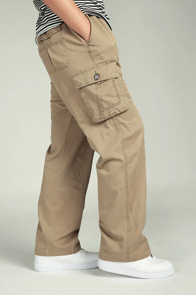 Summer Men Elastic Waist Multi-Pocket Long Baggy Straight Cargo Jogger Trousers