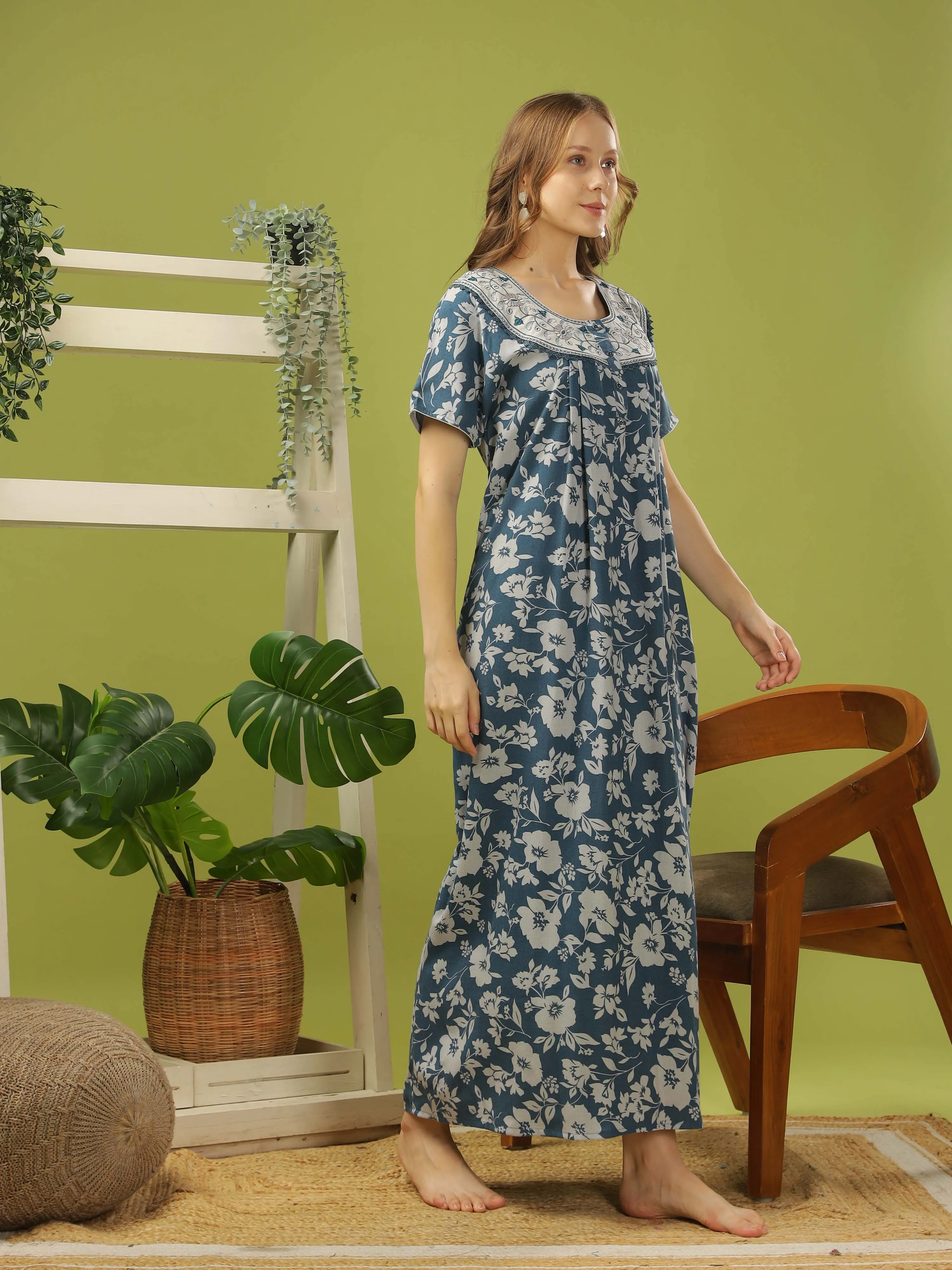 Teal Blue Alpine Floral Nightdress | Lightweight, Wrinkle-Free Comfort