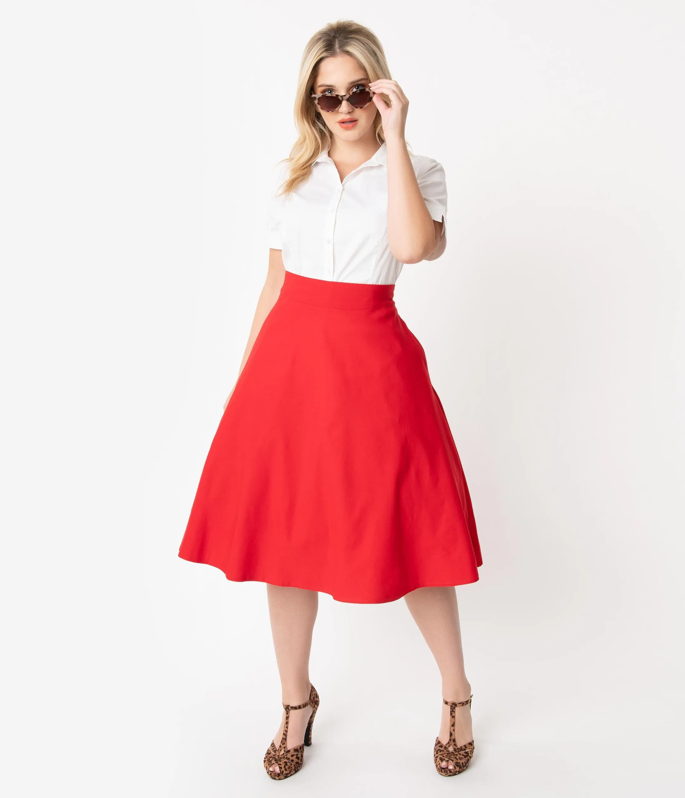 Unique Vintage Plus Size Retro Red Stretch Vivien Swing Skirt