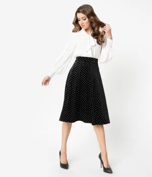 Unique Vintage Retro Black & Silver Polka Dot Velvet Vivien Swing Skirt