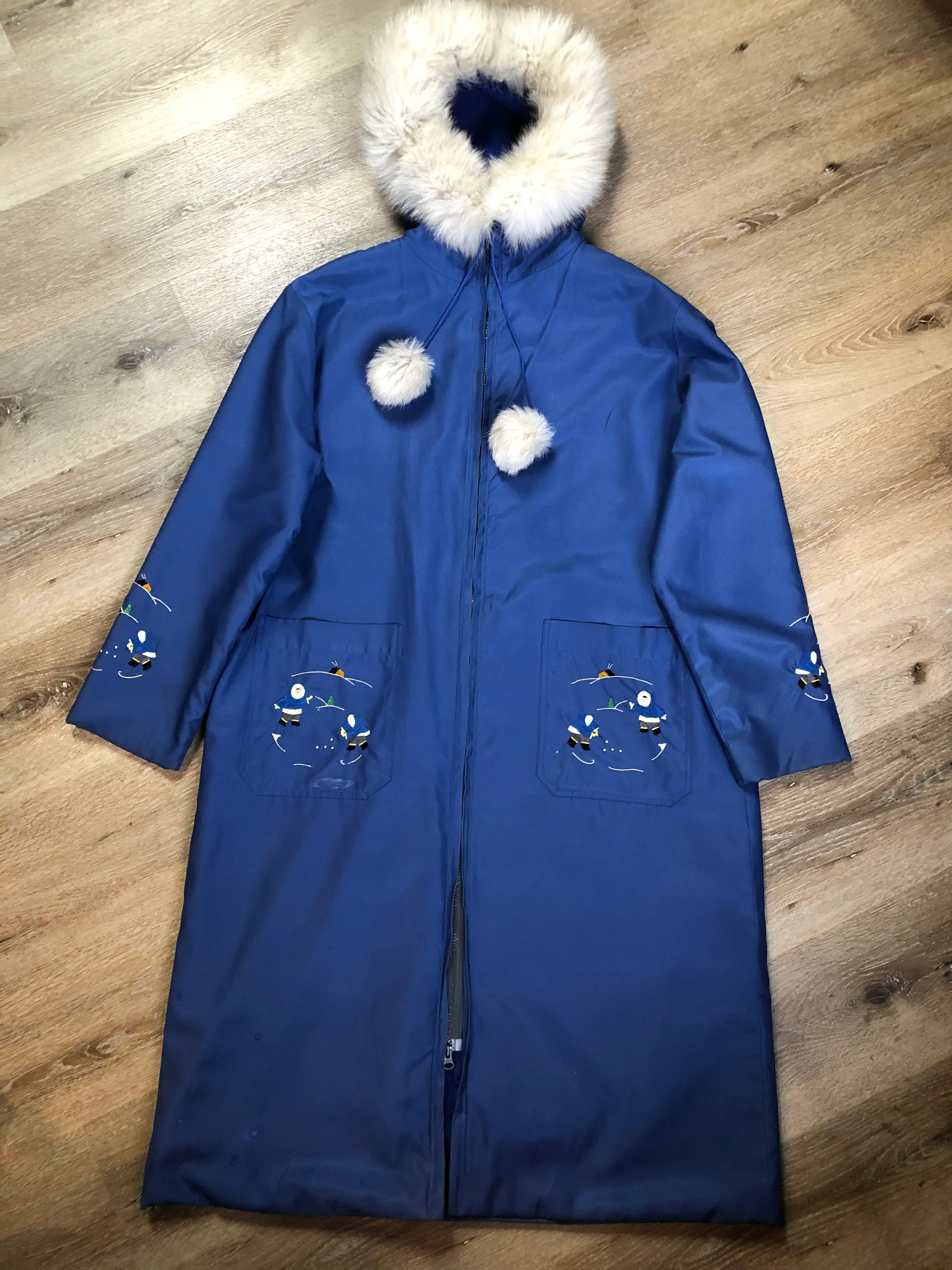 Vintage Blue Northern Parka with Arctic Life Motif, Made in Canada