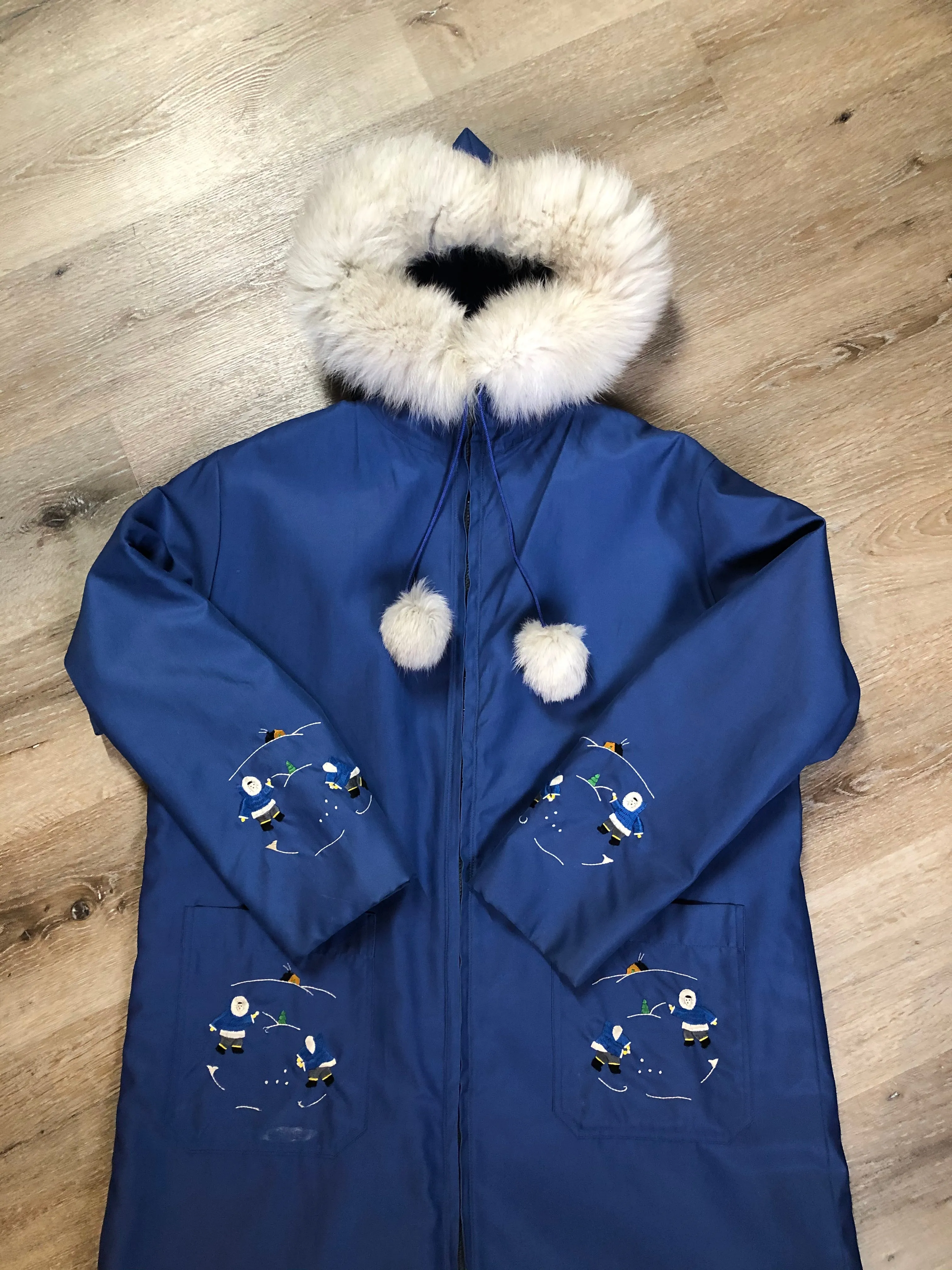 Vintage Blue Northern Parka with Arctic Life Motif, Made in Canada