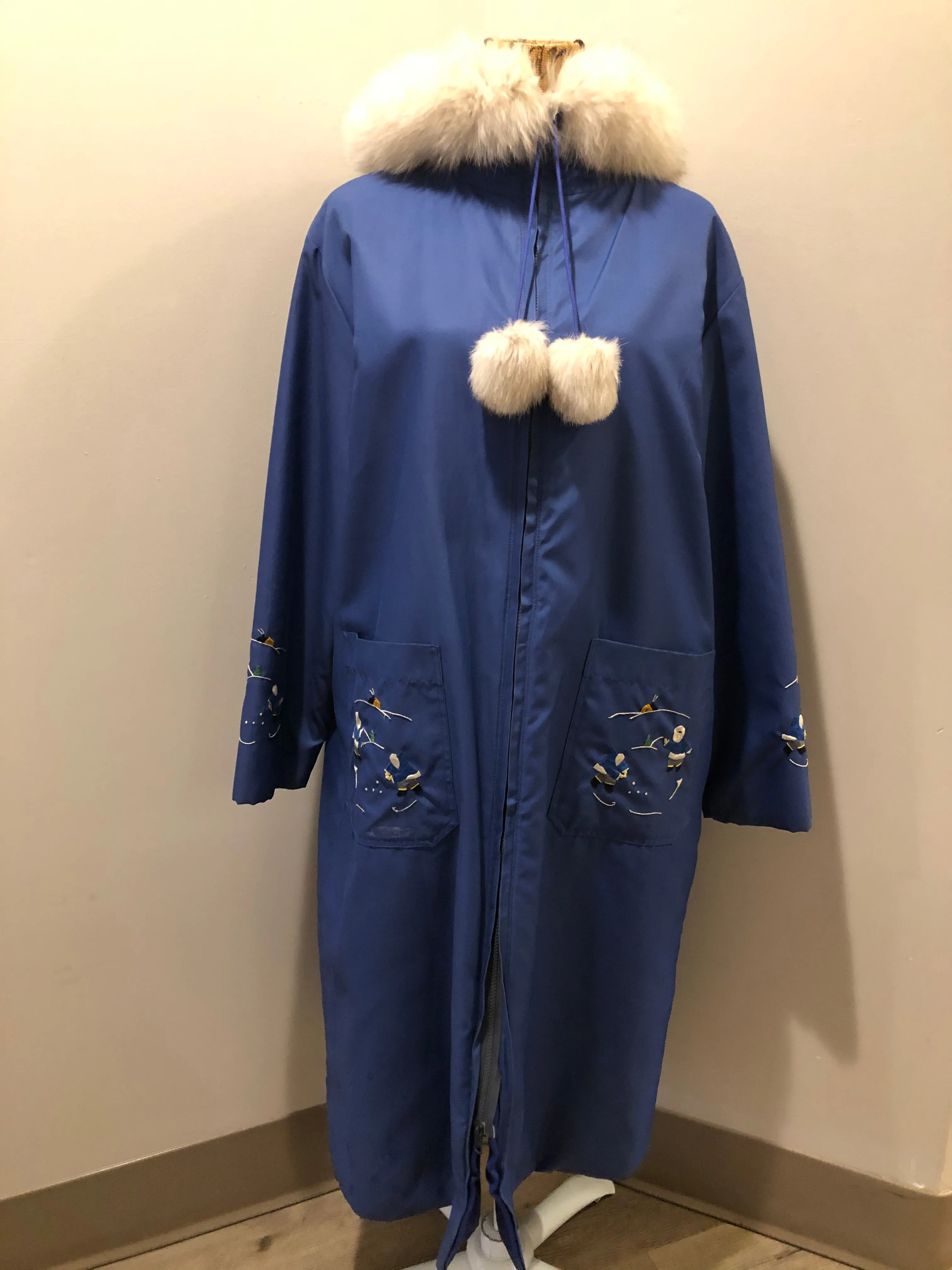 Vintage Blue Northern Parka with Arctic Life Motif, Made in Canada