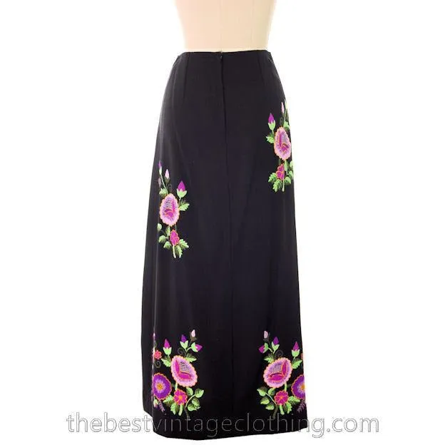 Vintage Embroidered  Maxi Skirt H. Fabrikant Wool Blend Black S