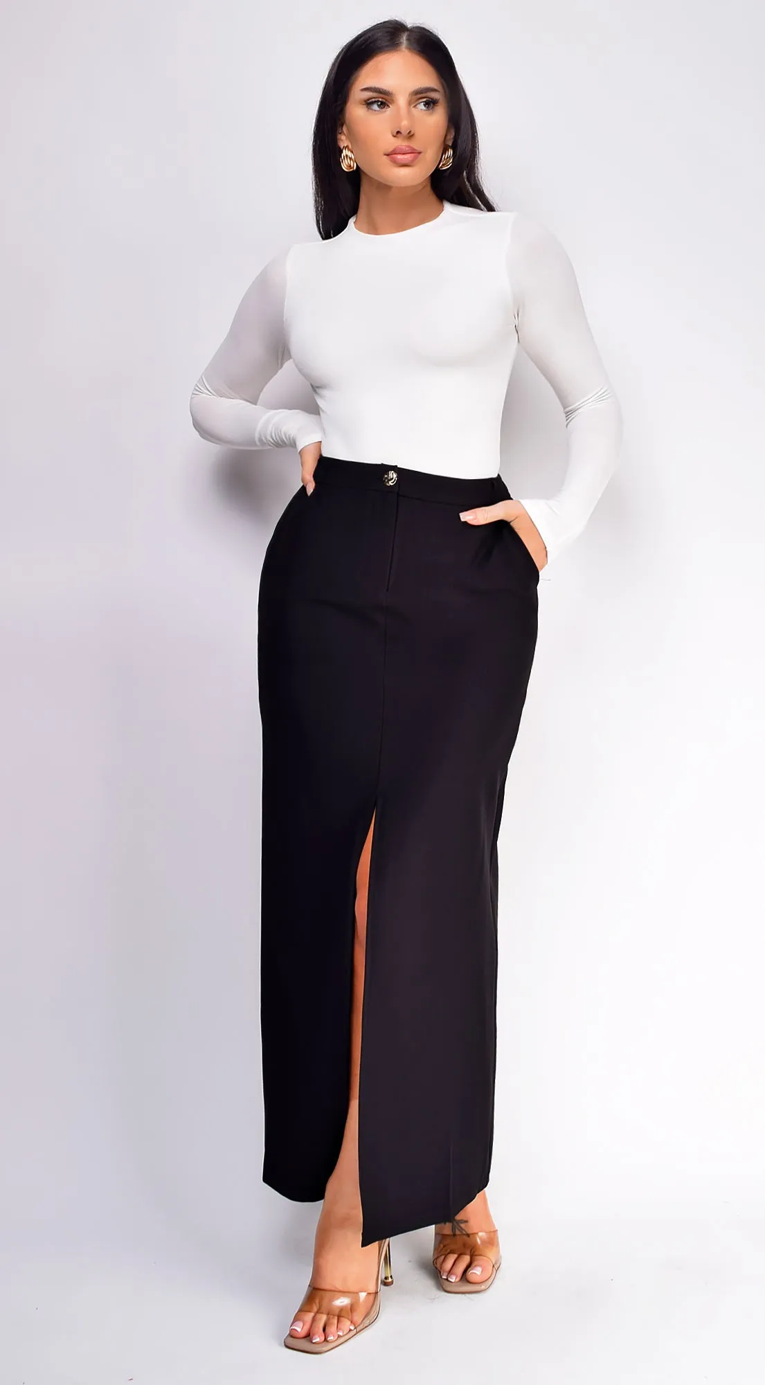 Vivian Black Front Slit Maxi Skirt