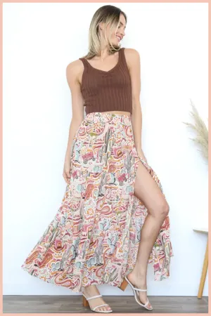 Western Print High Slit Maxi Skirt