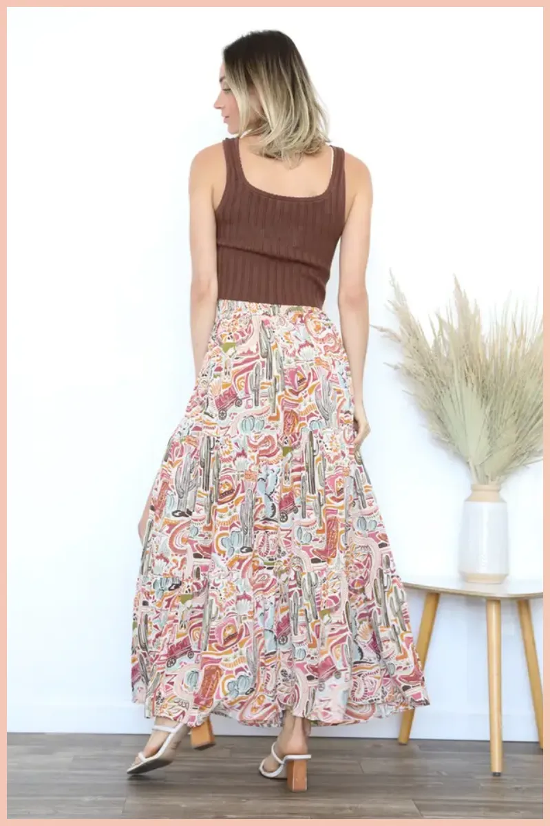 Western Print High Slit Maxi Skirt