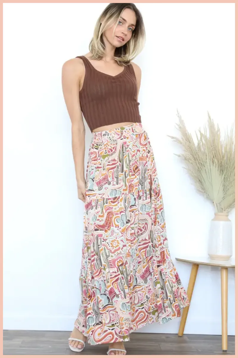 Western Print High Slit Maxi Skirt