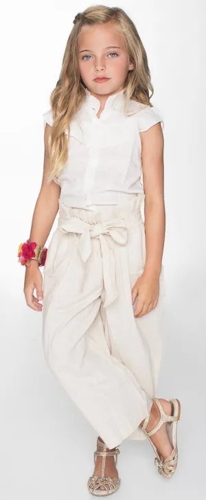 White Frill Top and Paper Bag Beige Pants 2pc. Set