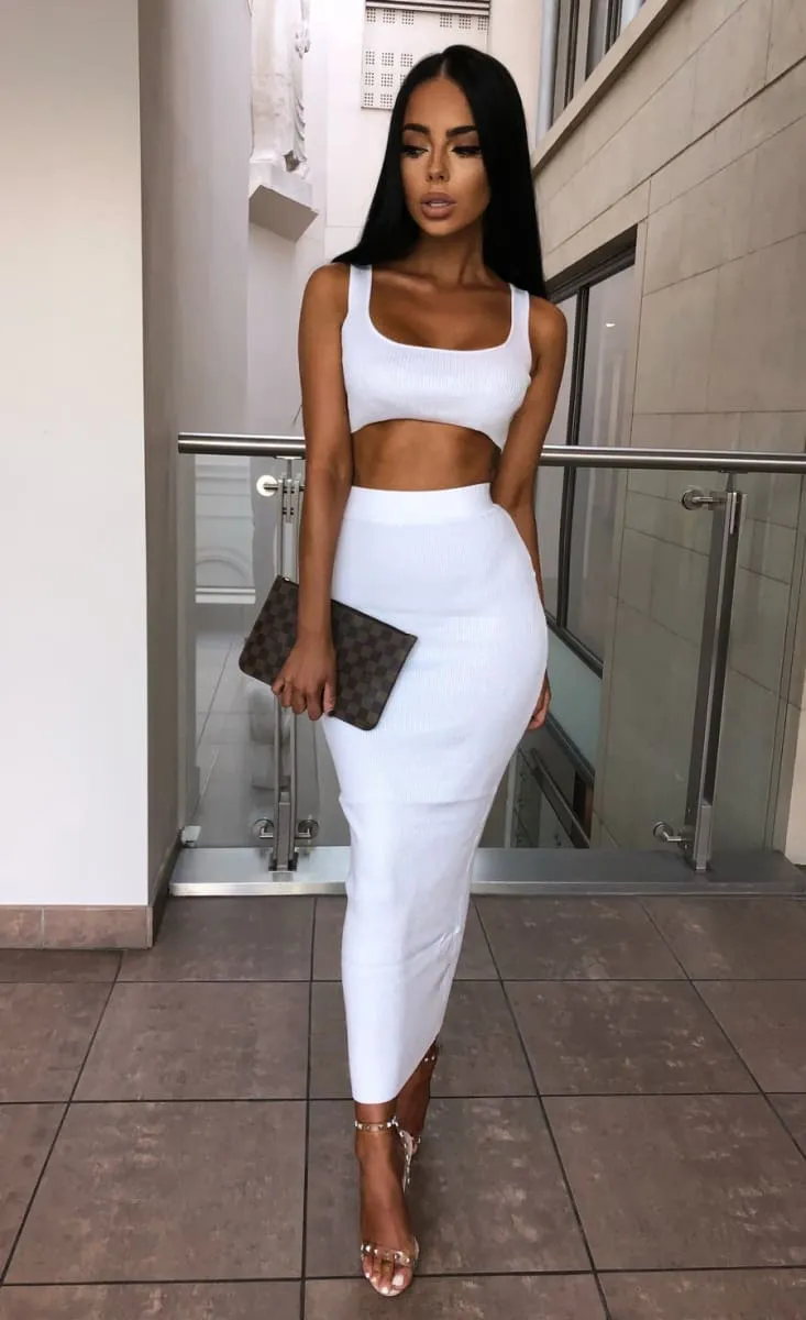 White Ribbed Maxi Two Piece Crop Top Skirt Set