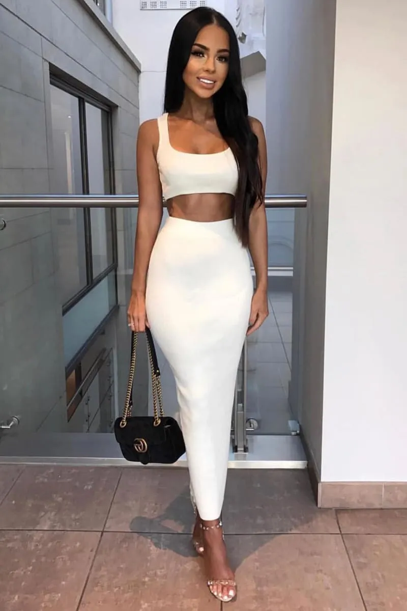 White Ribbed Maxi Two Piece Crop Top Skirt Set