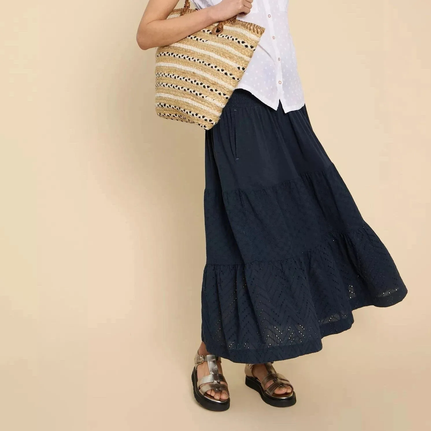 White Stuff Marissa Broderie Maxi Skirt in Dark Navy