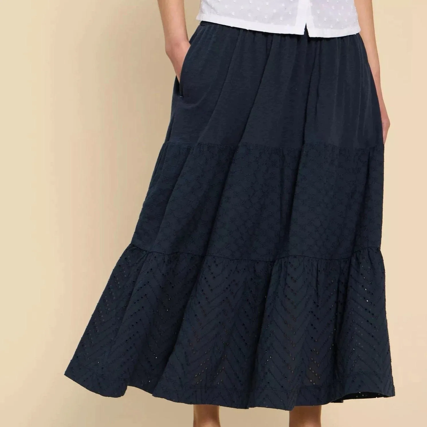 White Stuff Marissa Broderie Maxi Skirt in Dark Navy