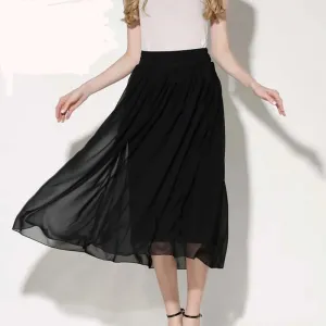 Woman Long Pleated Chiffon Skirt Solid Black High Waist Elastic Chiffon Skirt Office Elegant Maxi Elegant Pleated Skirt S4285767