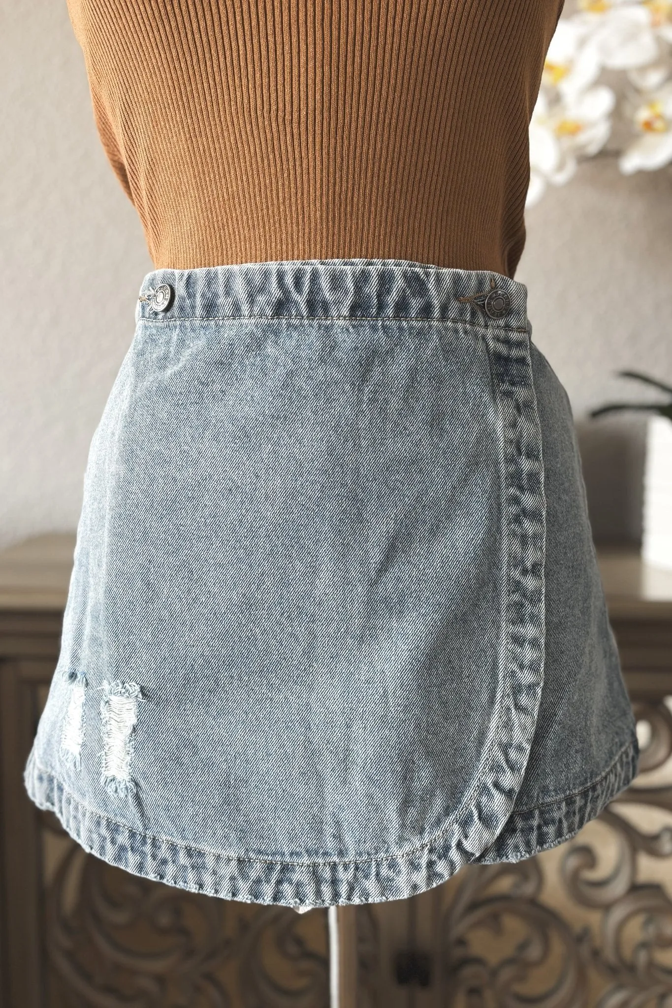 Women's Cotton Denim Wrap Skirt | Medium Wash | Blue